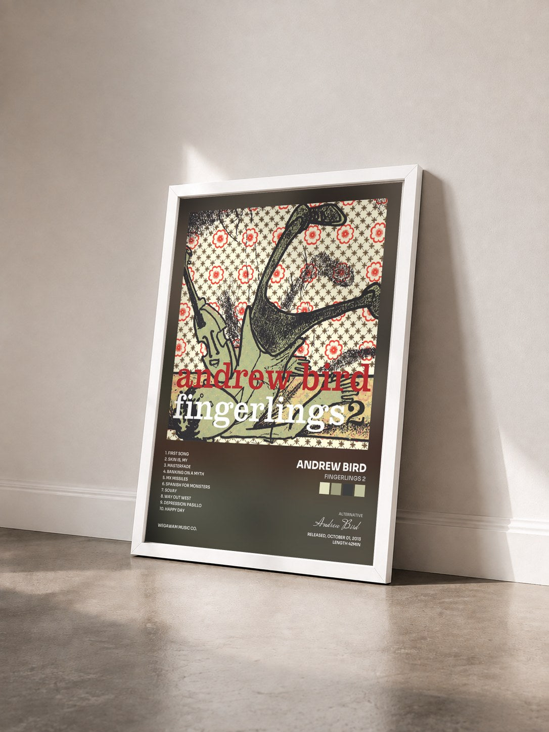 #blanc Tableau de l'album Fingerlings 2 de Andrew Bird vu de trois quarts, cadre blanc