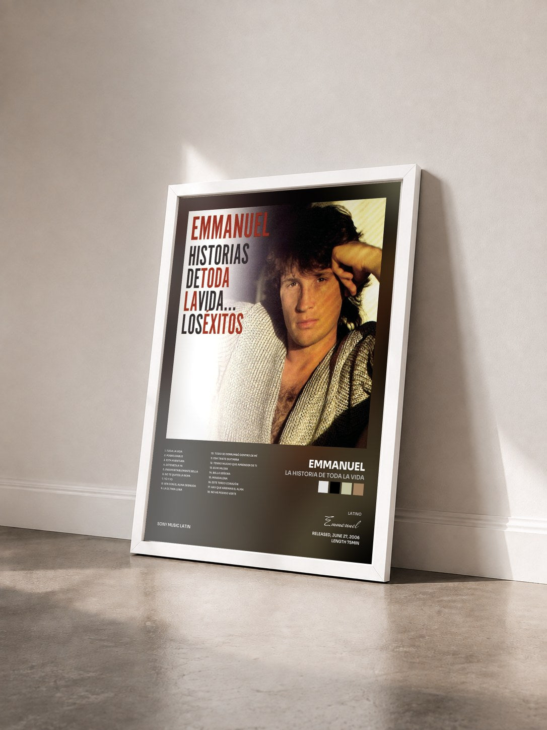#blanc Tableau de l'album La Historia De Toda La Vida de Emmanuel vu de trois quarts, cadre blanc