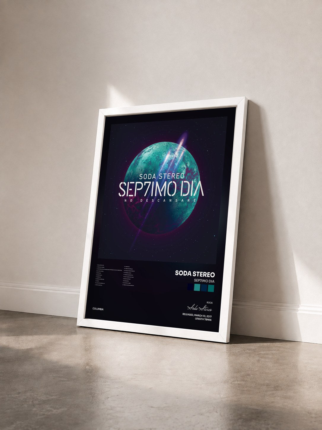 #blanc Tableau de l'album SEP7IMO DIA de Soda Stereo vu de trois quarts, cadre blanc