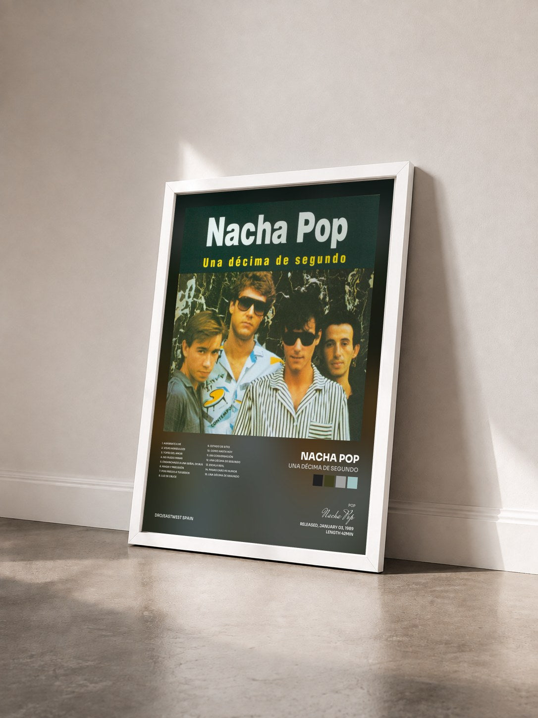 #blanc Tableau de l'album Una Décima de Segundo de Nacha Pop vu de trois quarts, cadre blanc