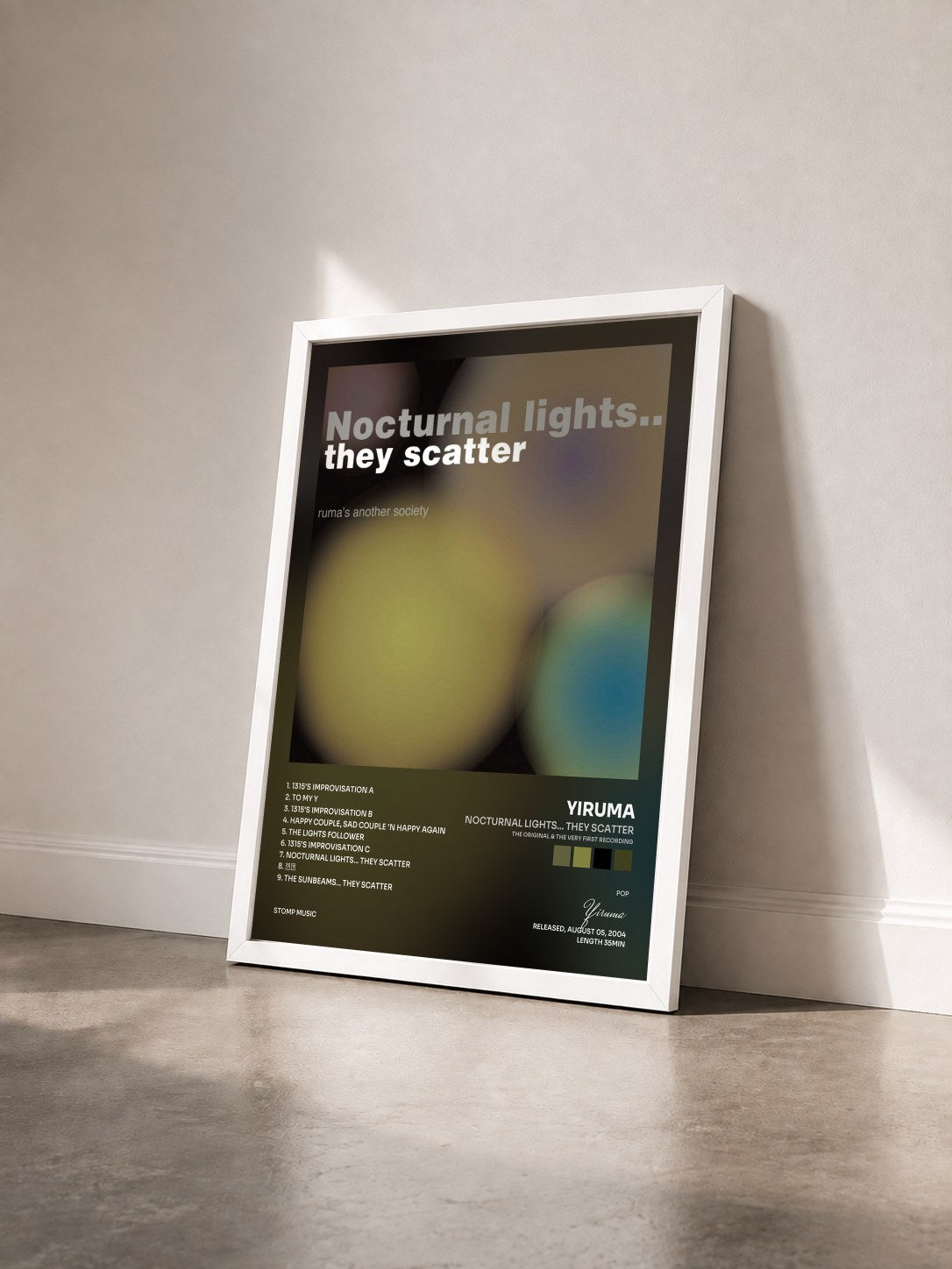 #blanc Tableau de l'album Nocturnal Lights... They Scatter (The Original & the Very First Recording) de Yiruma vu de trois quarts, cadre blanc