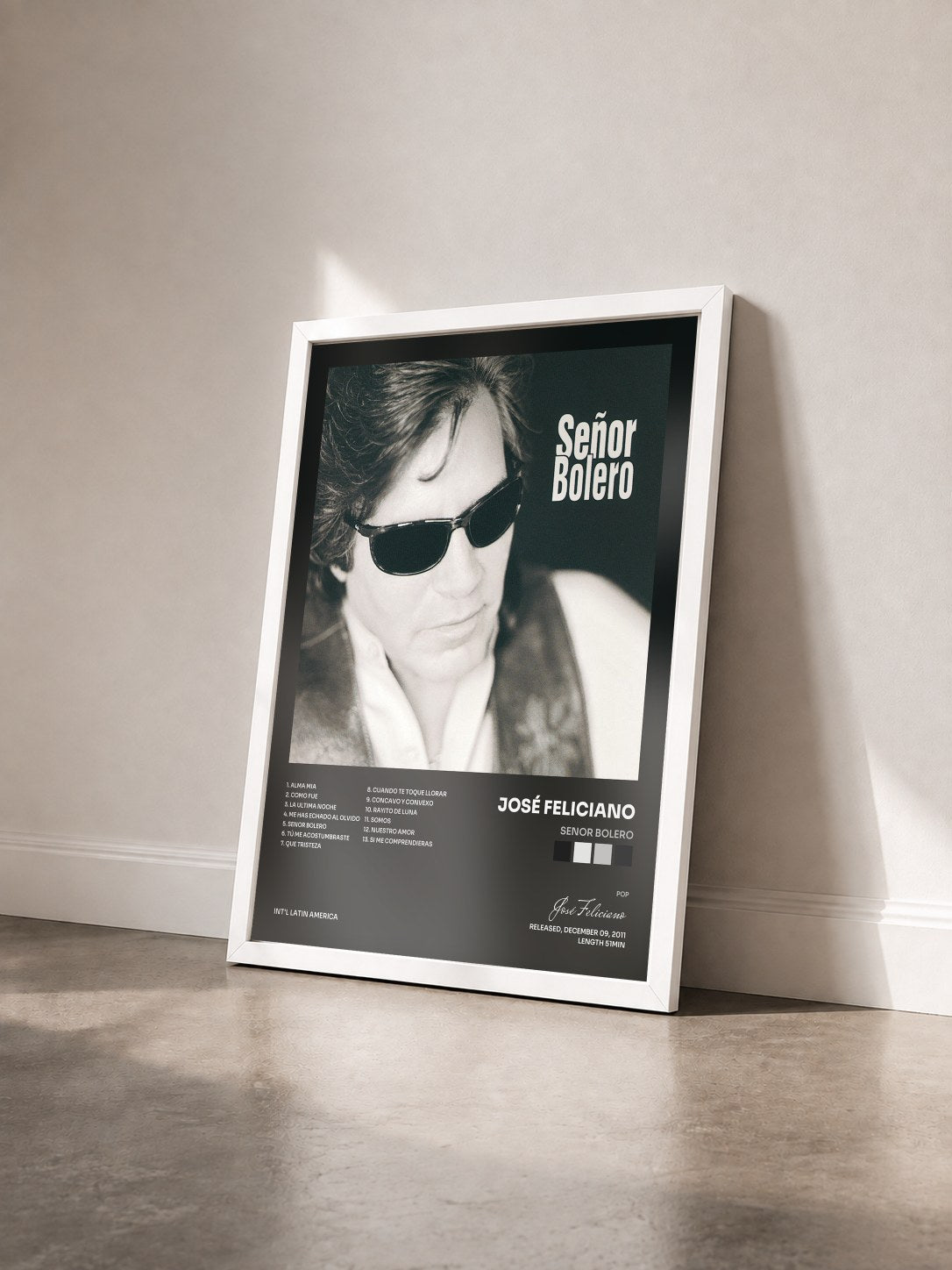 #blanc Tableau de l'album Senor Bolero de José Feliciano vu de trois quarts, cadre blanc