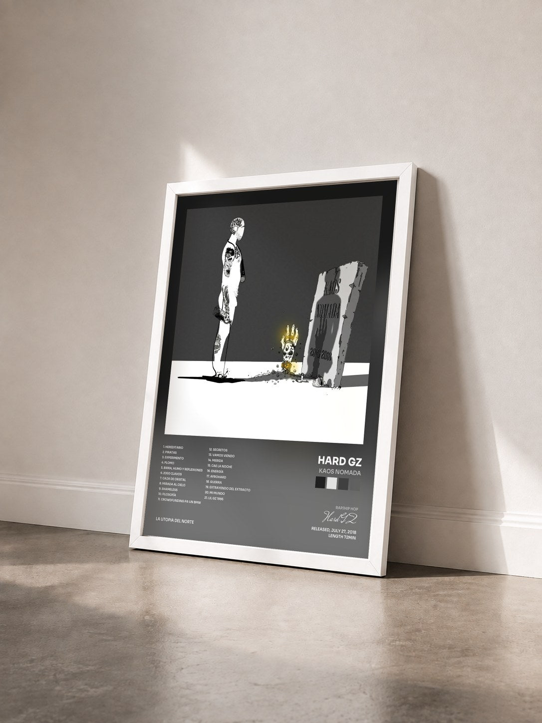 #blanc Tableau de l'album Kaos Nomada de Hard GZ vu de trois quarts, cadre blanc