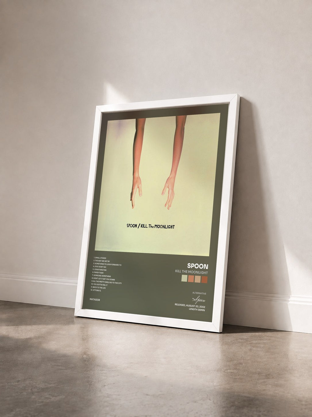 #blanc Tableau de l'album Kill the Moonlight de Spoon vu de trois quarts, cadre blanc