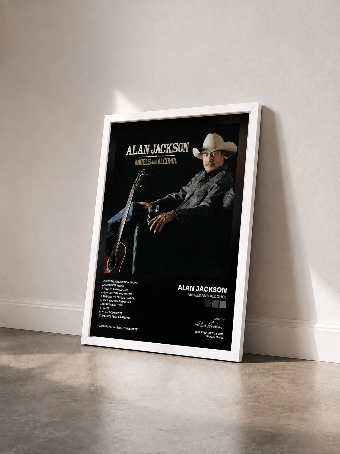 #blanc Tableau de l'album Angels And Alcohol de Alan Jackson vu de trois quarts, cadre blanc