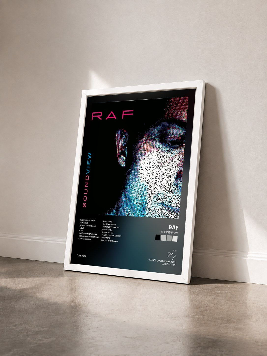 #blanc Tableau de l'album Soundview de Raf vu de trois quarts, cadre blanc