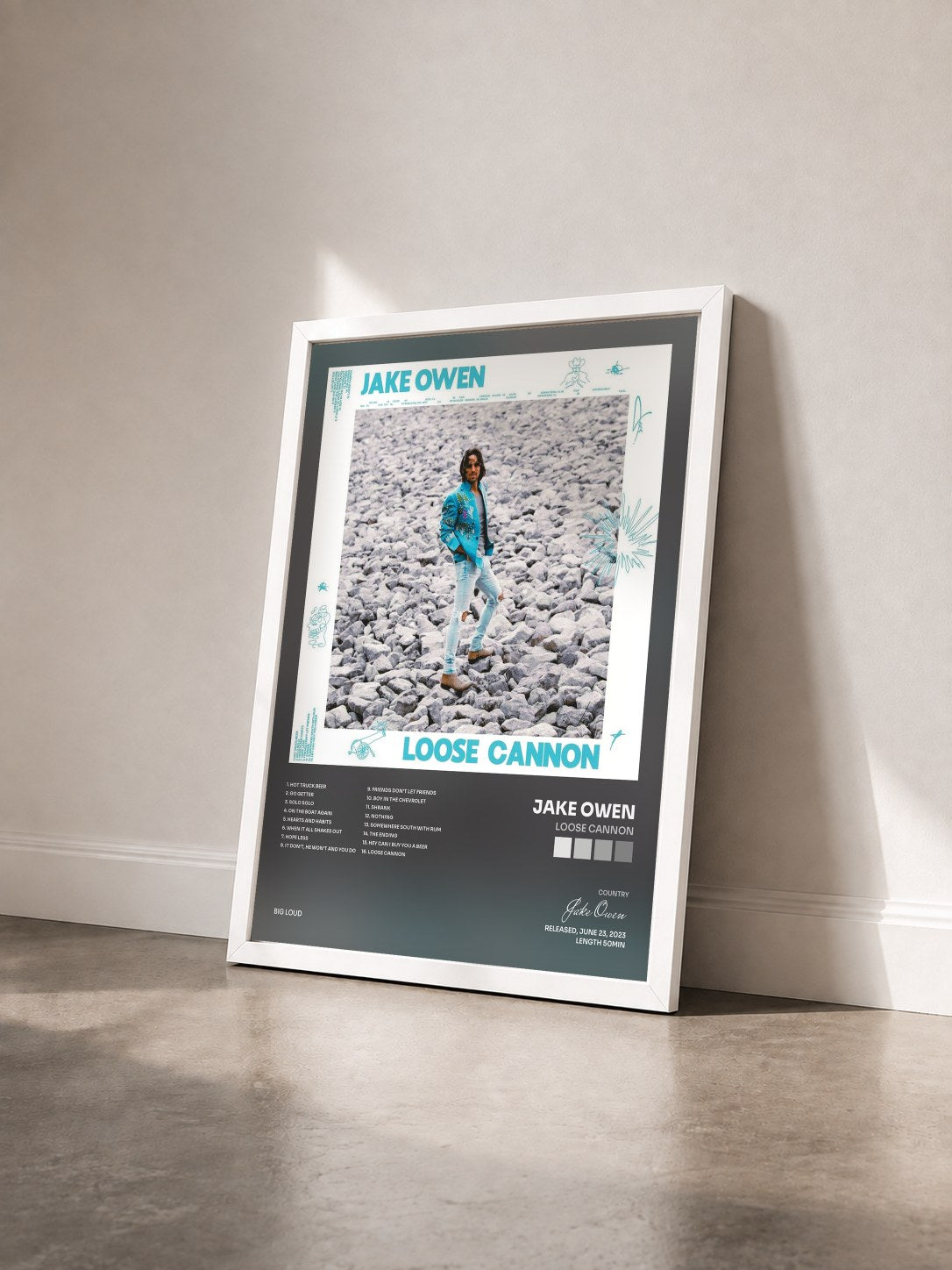 #blanc Tableau de l'album Loose Cannon de Jake Owen vu de trois quarts, cadre blanc