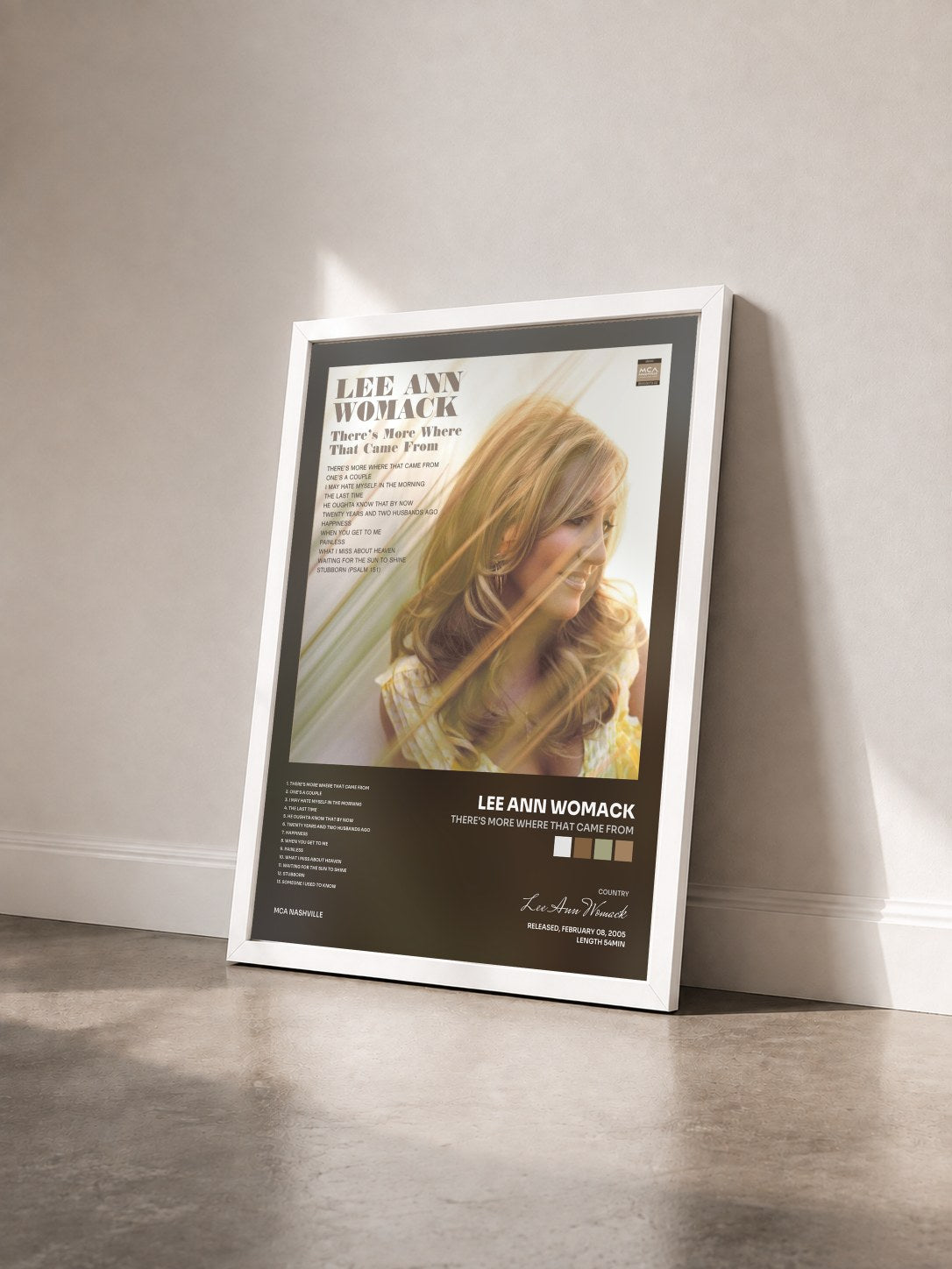 #blanc Tableau de l'album There's More Where That Came From de Lee Ann Womack vu de trois quarts, cadre blanc