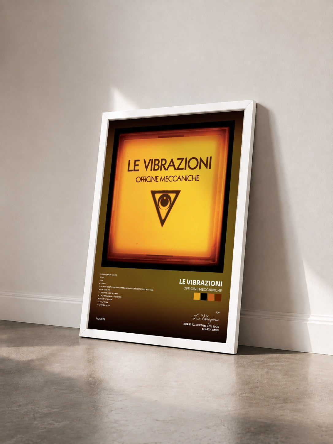 #blanc Tableau de l'album Officine Meccaniche de Le Vibrazioni vu de trois quarts, cadre blanc