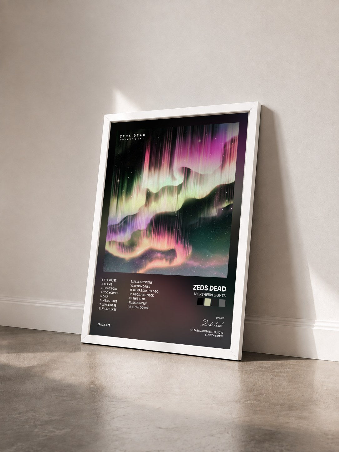 #blanc Tableau de l'album Northern Lights de Zeds dead vu de trois quarts, cadre blanc
