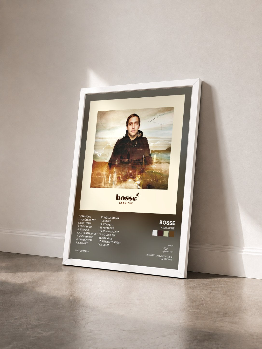 #blanc Tableau de l'album Kraniche de Bosse vu de trois quarts, cadre blanc