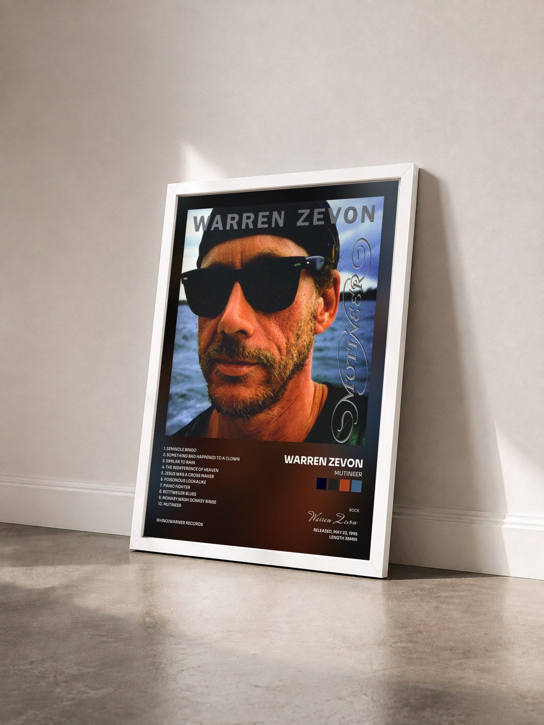 #blanc Tableau de l'album Mutineer de Warren Zevon vu de trois quarts, cadre blanc