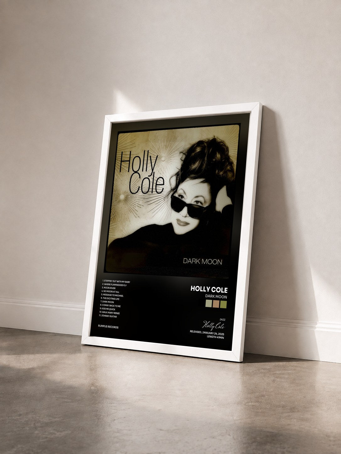 #blanc Tableau de l'album Dark Moon de Holly Cole vu de trois quarts, cadre blanc