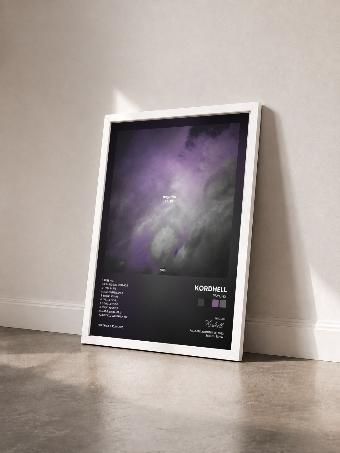 #blanc Tableau de l'album PSYCHX de Kordhell vu de trois quarts, cadre blanc