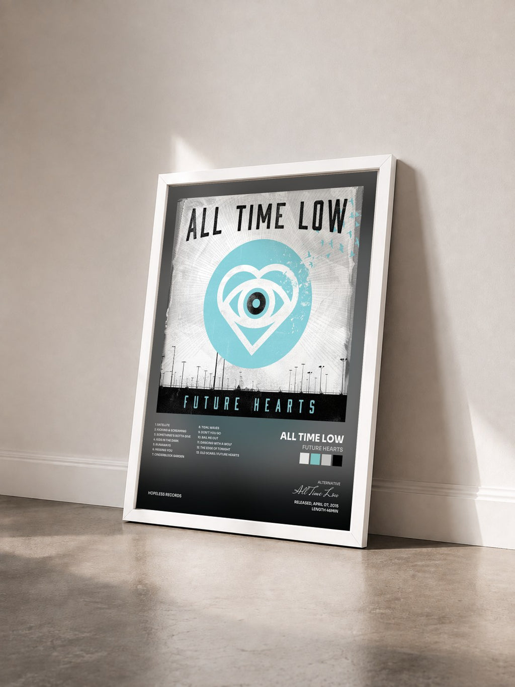 #blanc Tableau de l'album Future Hearts de All Time Low vu de trois quarts, cadre blanc