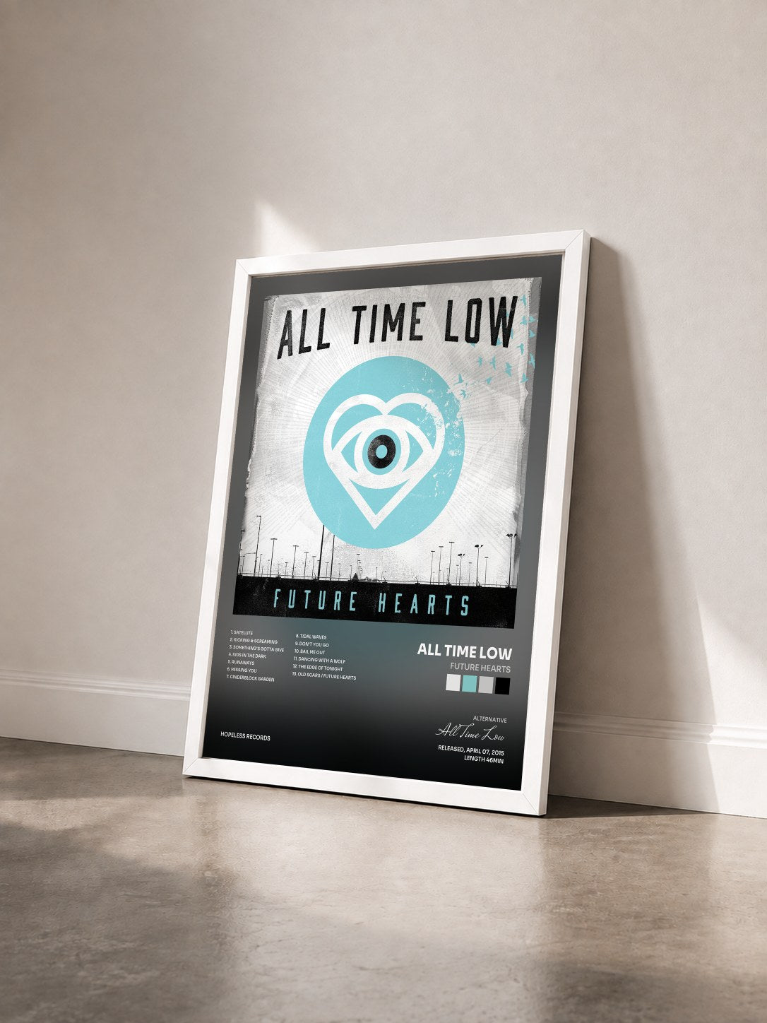 #blanc Tableau de l'album Future Hearts de All Time Low vu de trois quarts, cadre blanc
