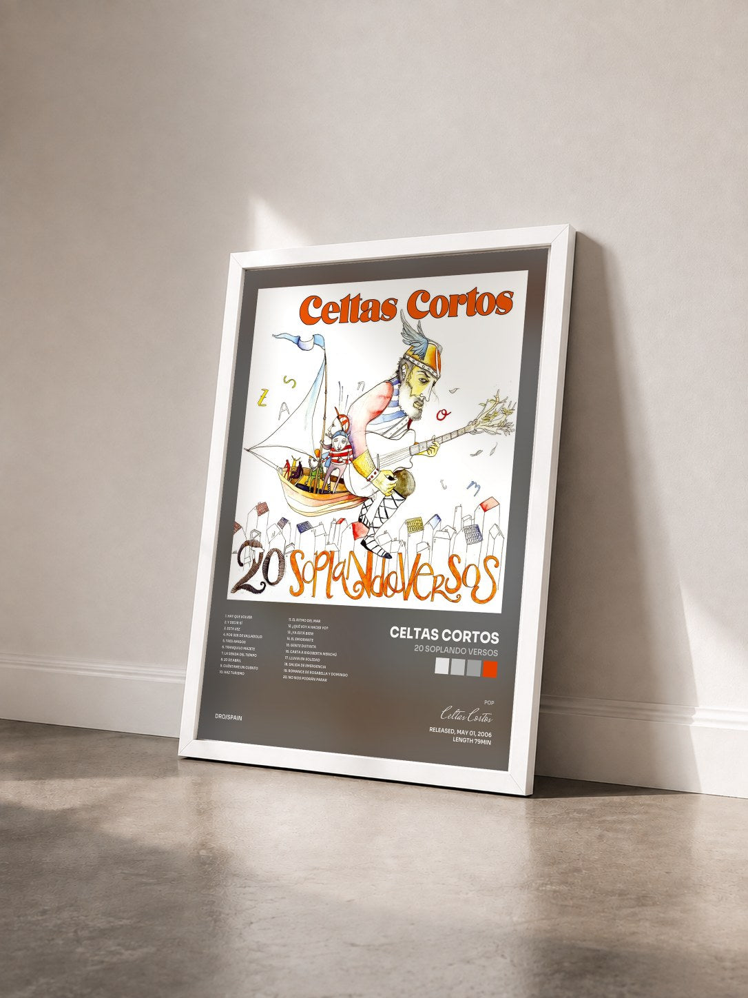 #blanc Tableau de l'album 20 soplando versos de Celtas Cortos vu de trois quarts, cadre blanc