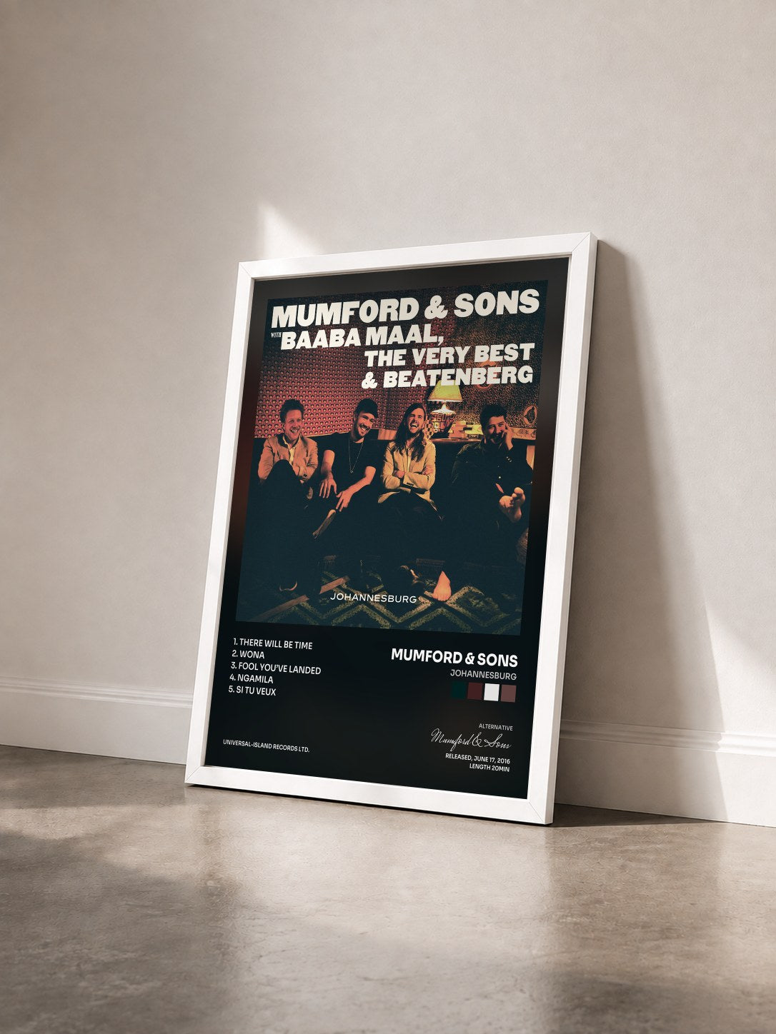 #blanc Tableau de l'album Johannesburg de Mumford & Sons vu de trois quarts, cadre blanc