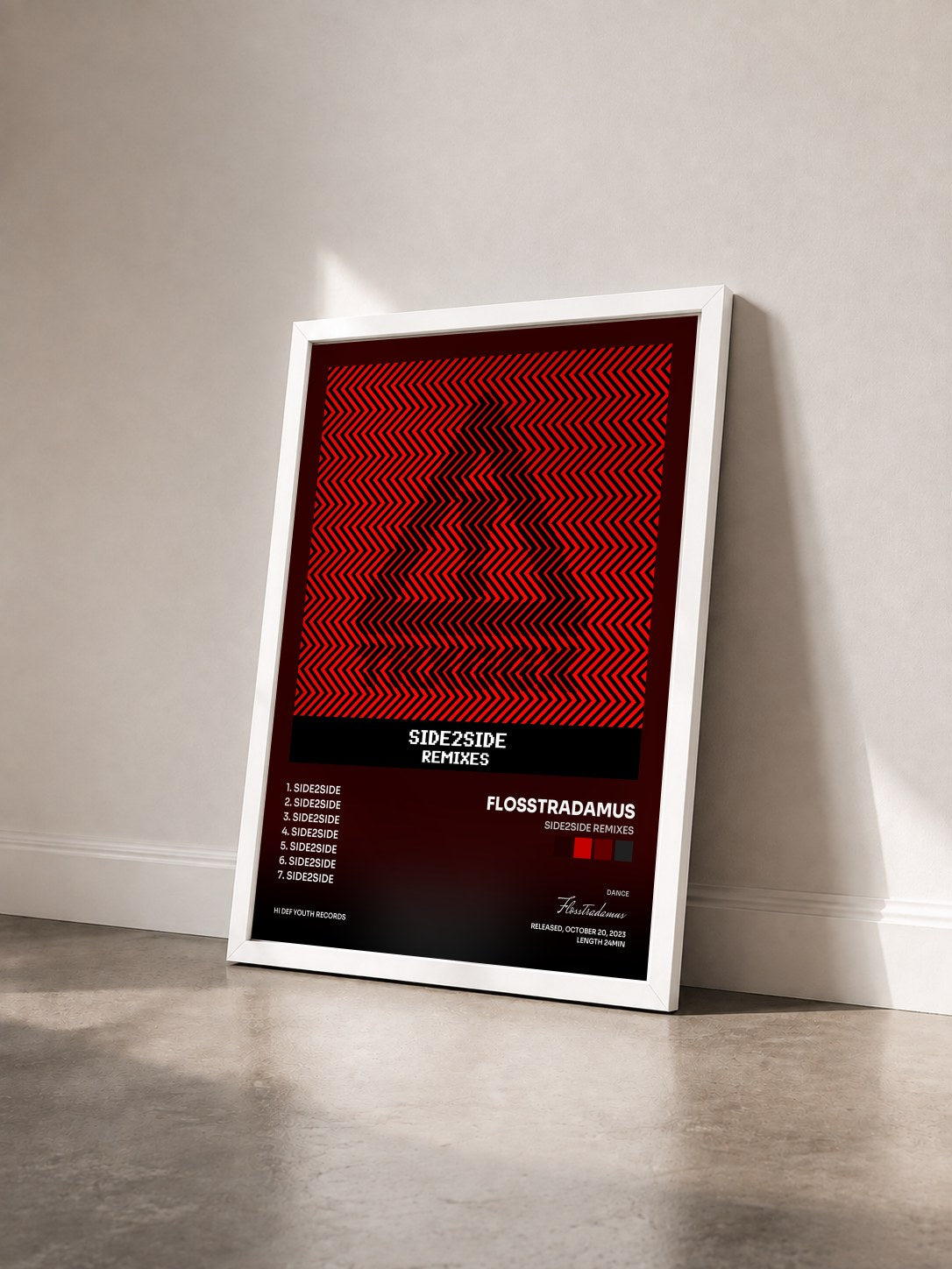 #blanc Tableau de l'album SIDE2SIDE REMIXES de Flosstradamus vu de trois quarts, cadre blanc