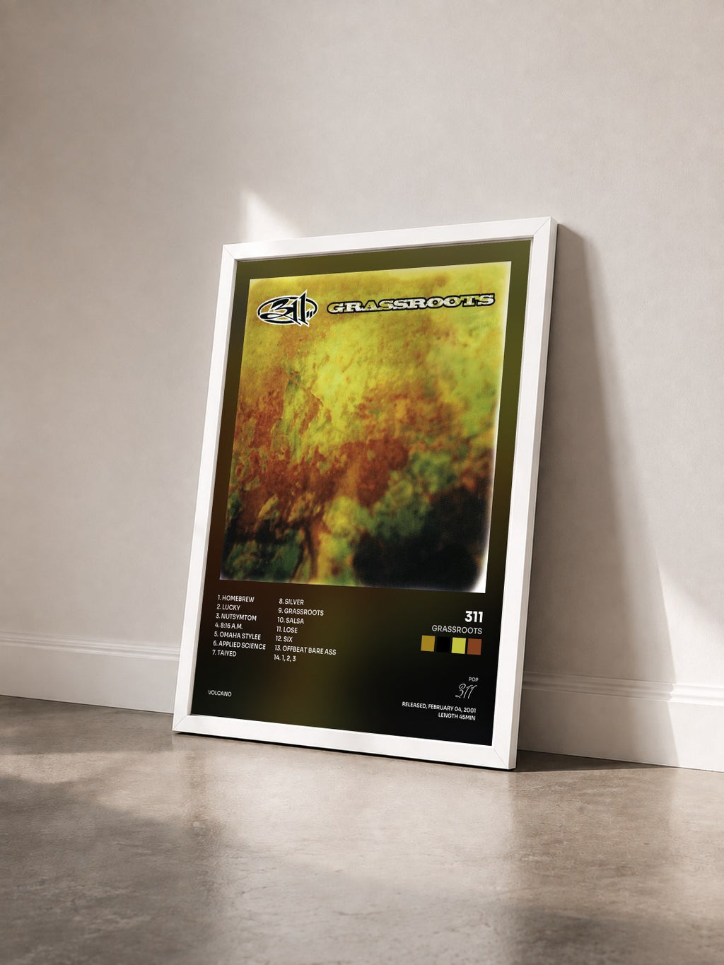 #blanc Grassroots by 311 as a framed art print seen at an angle, white frame