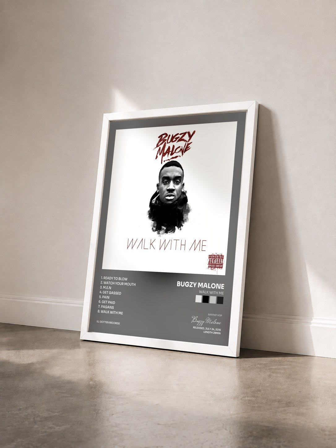 #blanc Tableau de l'album Walk With Me de Bugzy Malone vu de trois quarts, cadre blanc