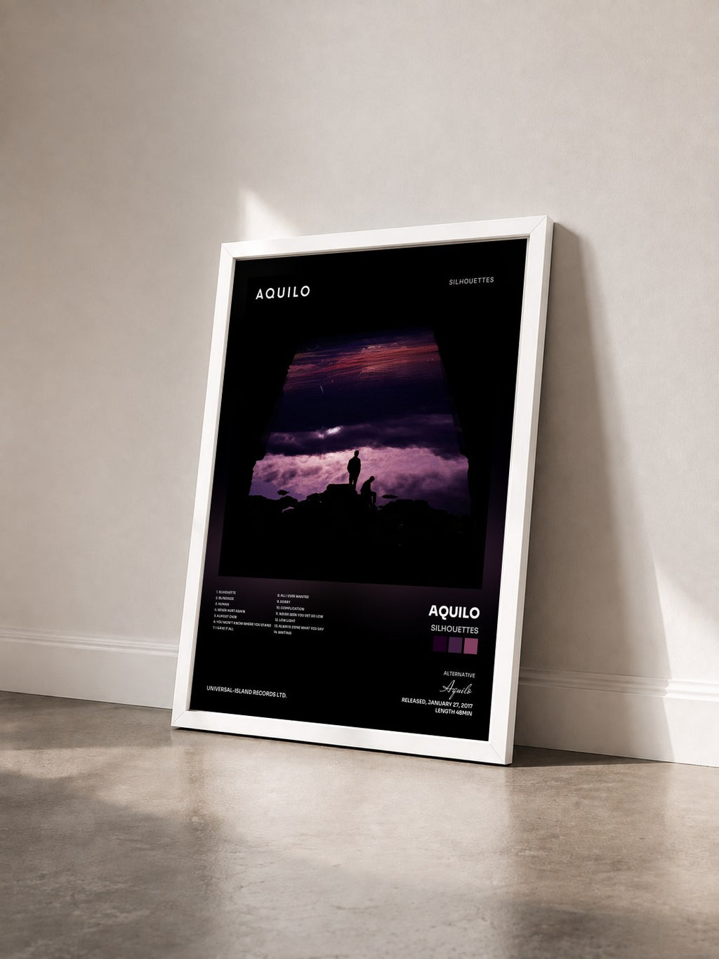 #blanc Silhouettes by Aquilo as a framed art print seen at an angle, white frame