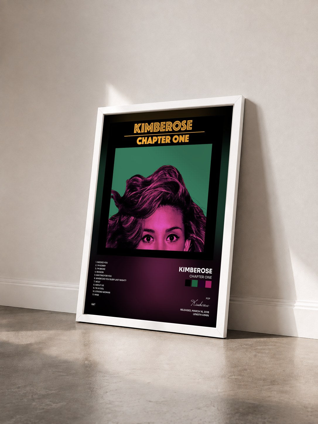 #blanc Tableau de l'album Chapter One de Kimberose vu de trois quarts, cadre blanc