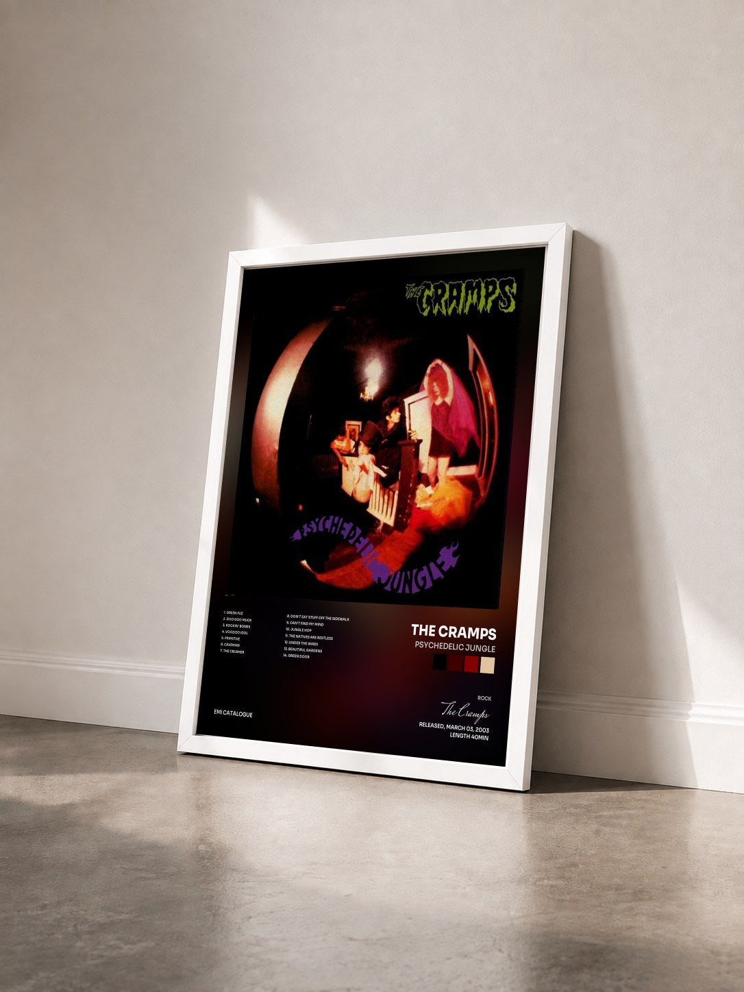 #blanc Tableau de l'album Psychedelic Jungle de The Cramps vu de trois quarts, cadre blanc