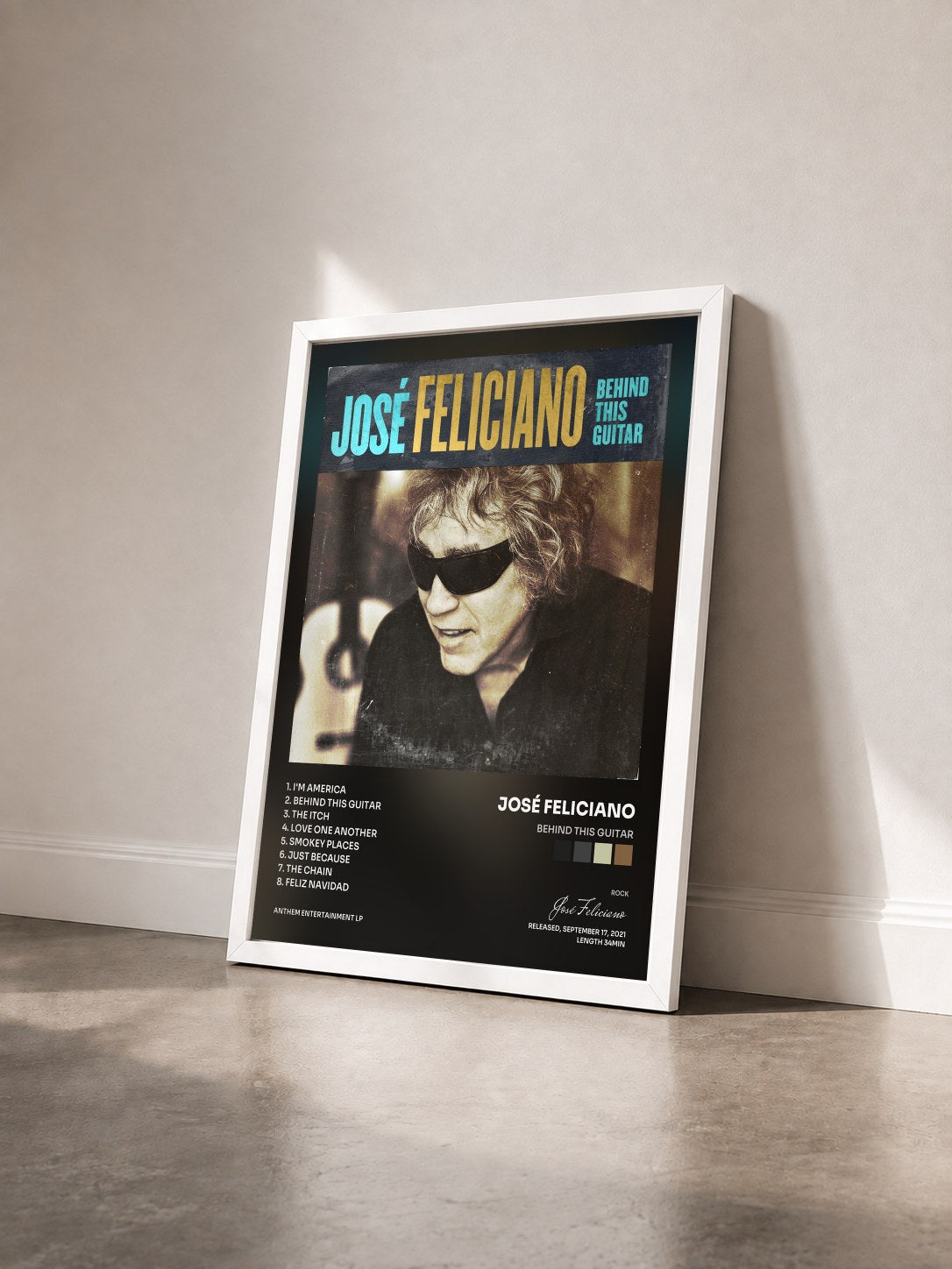 #blanc Tableau de l'album Behind This Guitar de José Feliciano vu de trois quarts, cadre blanc