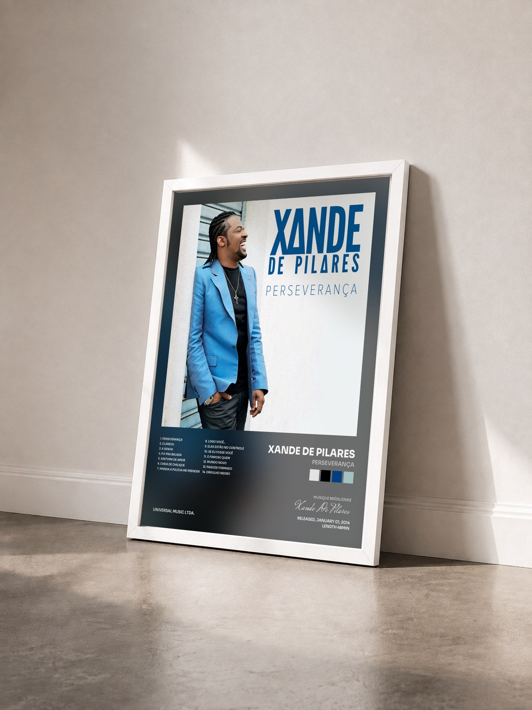 #blanc Tableau de l'album Perseverança de Xande De Pilares vu de trois quarts, cadre blanc