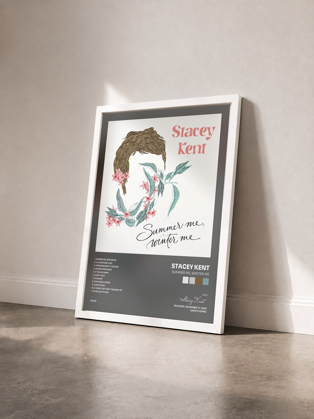 #blanc Summer Me, Winter Me by Stacey Kent as a framed art print seen at an angle, white frame