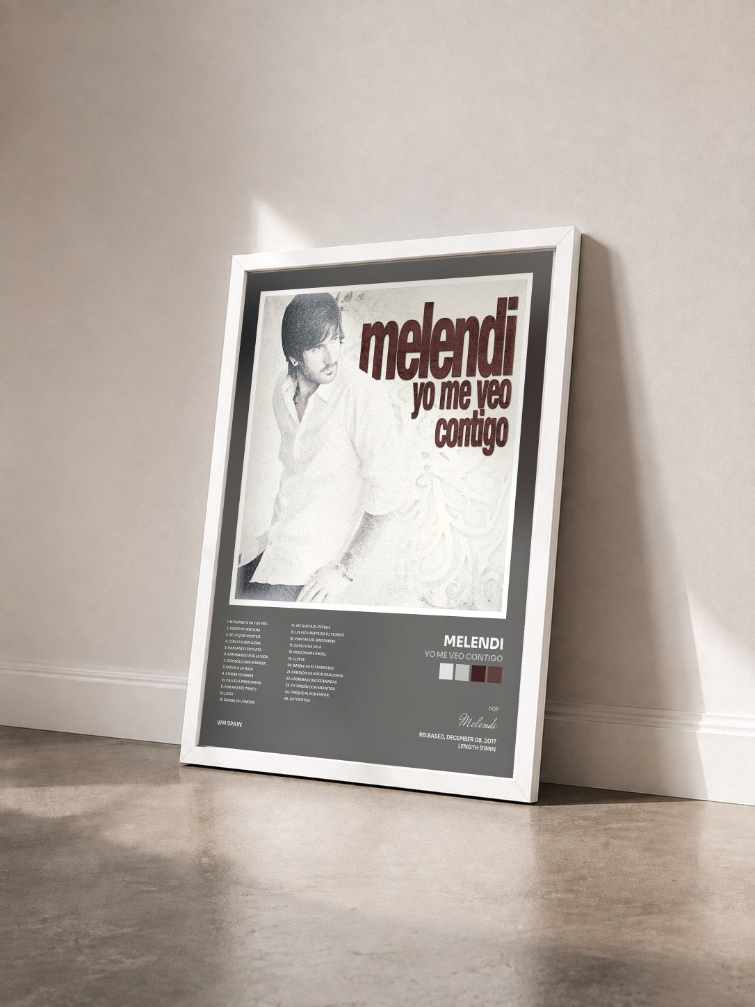#blanc Tableau de l'album Yo me veo contigo de Melendi vu de trois quarts, cadre blanc