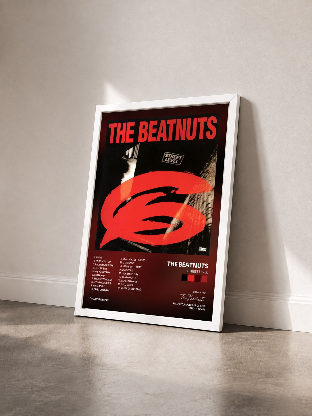 #blanc Tableau de l'album Street Level de The Beatnuts vu de trois quarts, cadre blanc