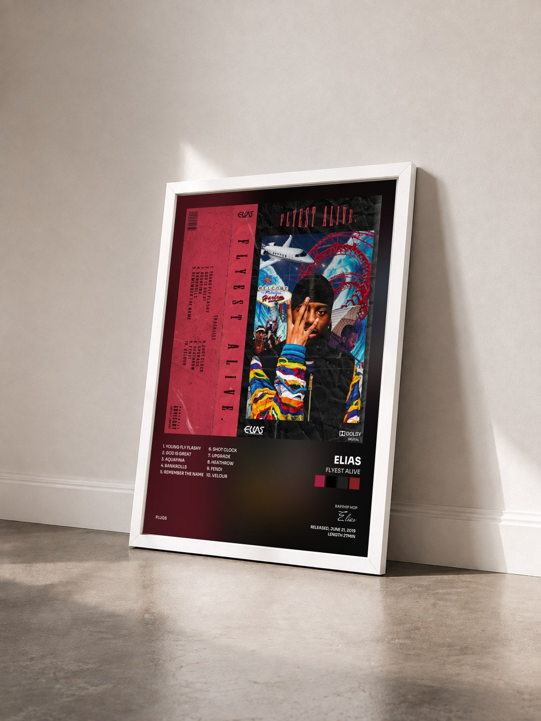 #blanc Tableau de l'album Flyest Alive de Elias vu de trois quarts, cadre blanc