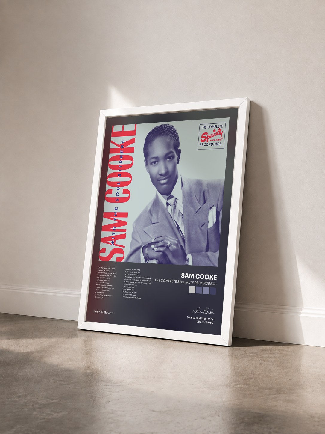 #blanc Tableau de l'album The Complete Specialty Recordings de Sam Cooke vu de trois quarts, cadre blanc