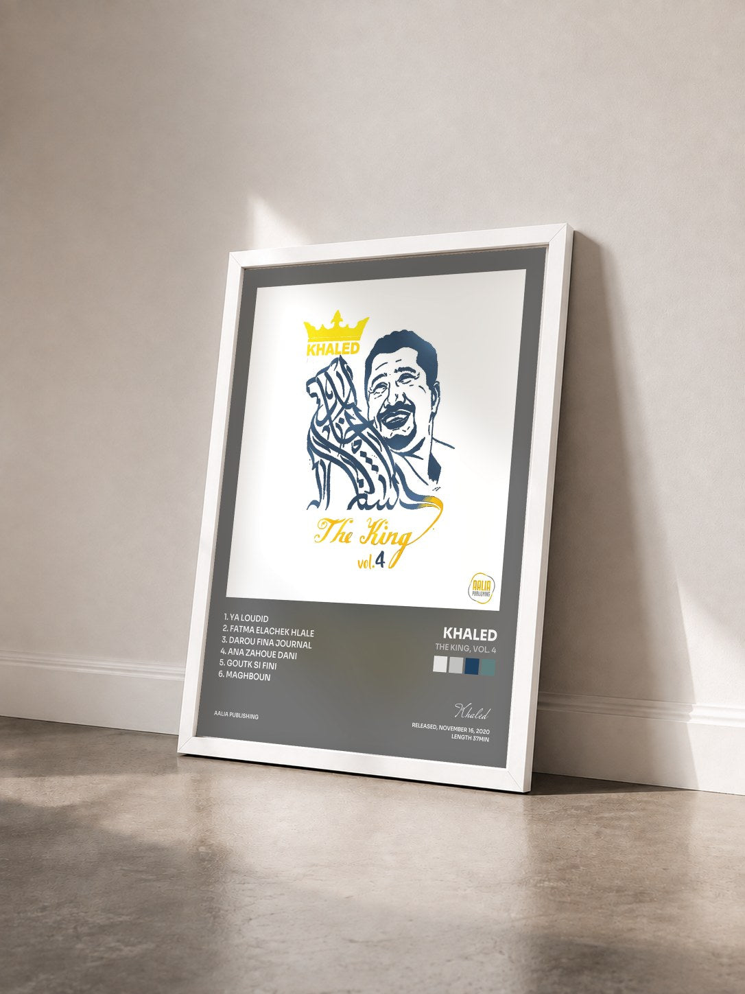 #blanc Tableau de l'album The King, Vol. 4 de Khaled vu de trois quarts, cadre blanc