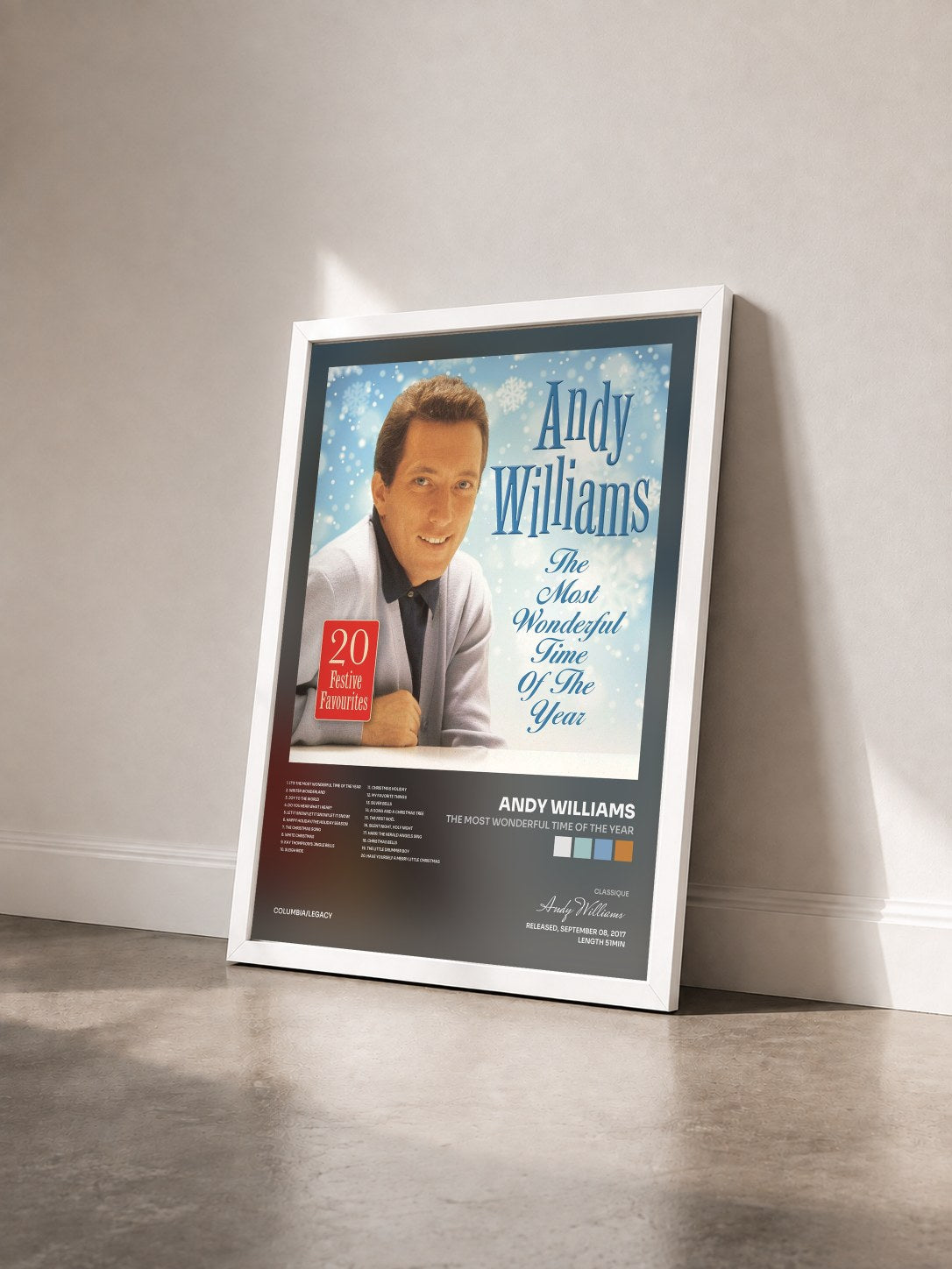 #blanc Tableau de l'album The Most Wonderful Time Of The Year de Andy Williams vu de trois quarts, cadre blanc