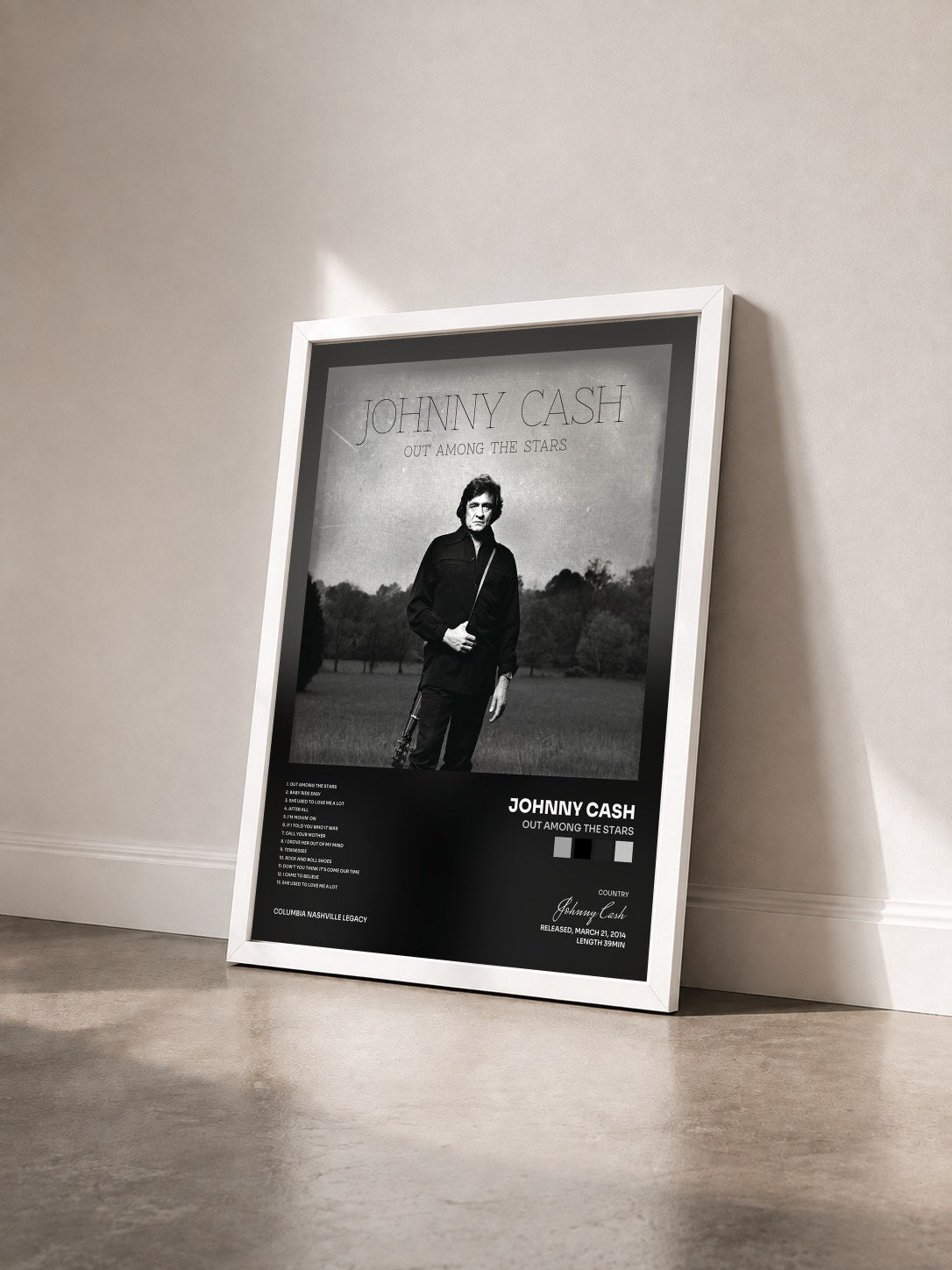 #blanc Tableau de l'album Out Among The Stars de Johnny Cash vu de trois quarts, cadre blanc