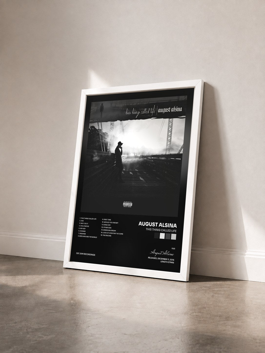 #blanc Tableau de l'album This Thing Called Life de August Alsina vu de trois quarts, cadre blanc