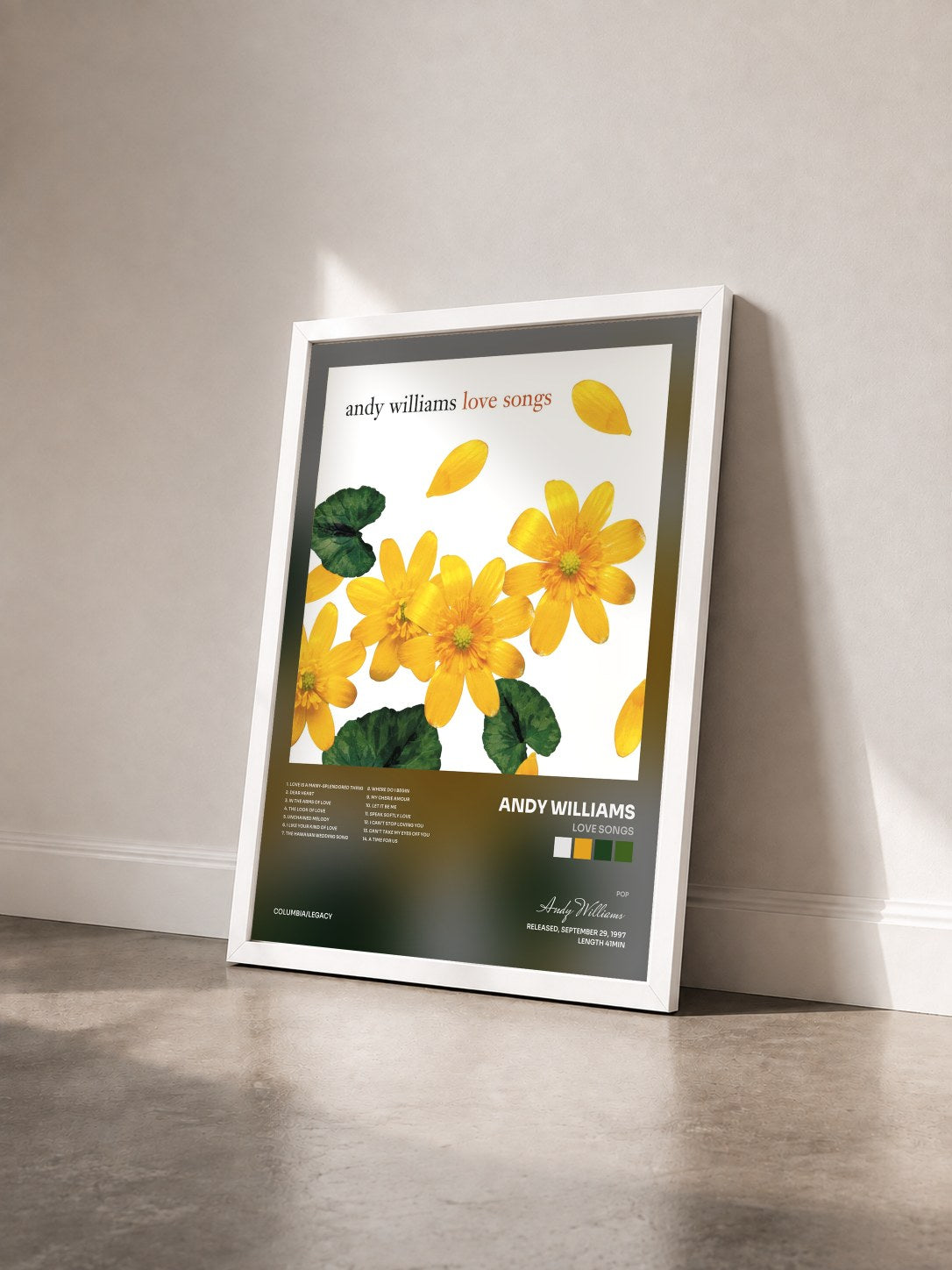 #blanc Tableau de l'album Love Songs de Andy Williams vu de trois quarts, cadre blanc