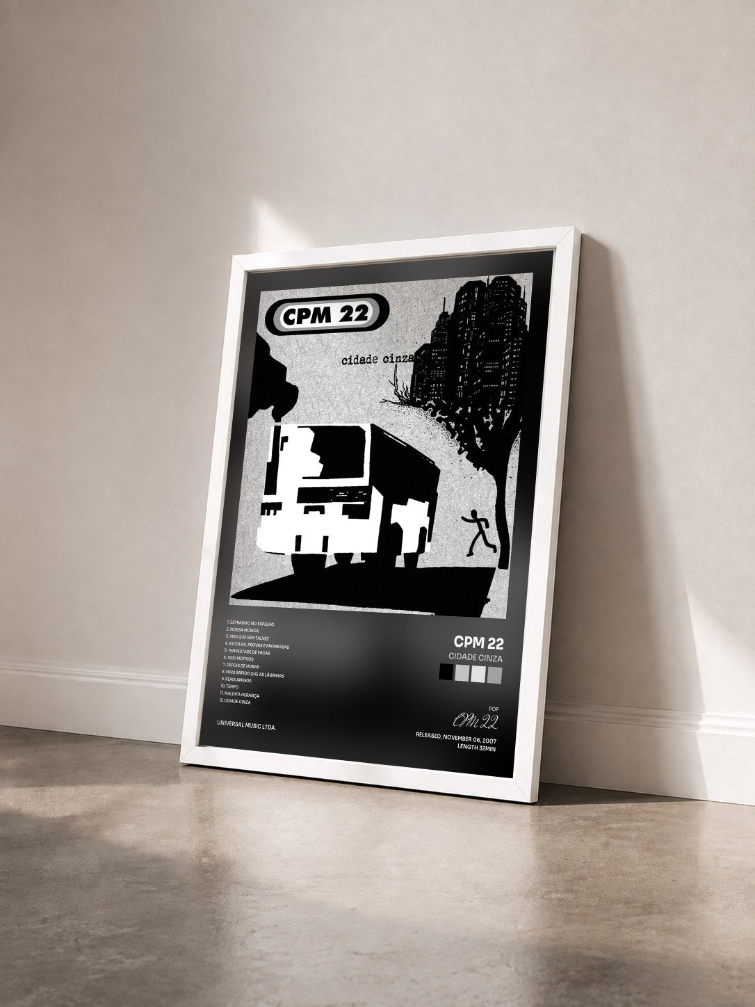 #blanc Tableau de l'album Cidade Cinza de CPM 22 vu de trois quarts, cadre blanc