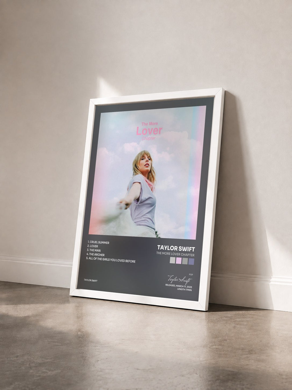 #blanc Tableau de l'album The More Lover Chapter de Taylor Swift vu de trois quarts, cadre blanc
