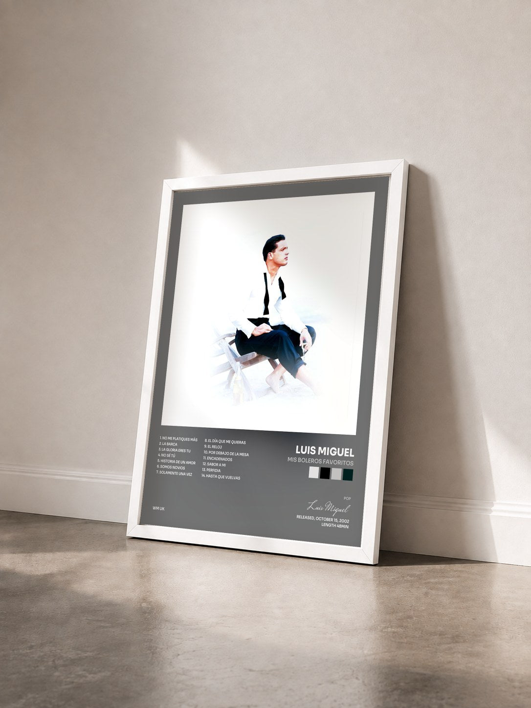 #blanc Tableau de l'album Mis Boleros Favoritos de Luis Miguel vu de trois quarts, cadre blanc