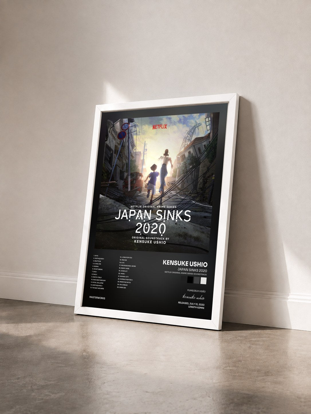 #blanc Tableau de l'album Japan Sinks 2020 (Netflix Original Anime Series Soundtrack) de kensuke ushio vu de trois quarts, cadre blanc
