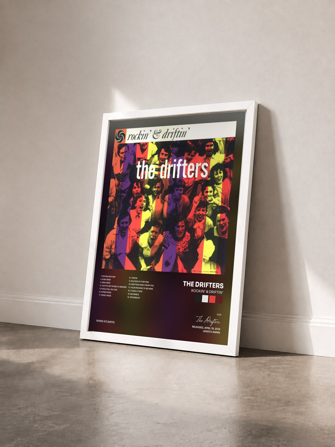 #blanc Tableau de l'album Rockin' & Driftin' de The Drifters vu de trois quarts, cadre blanc