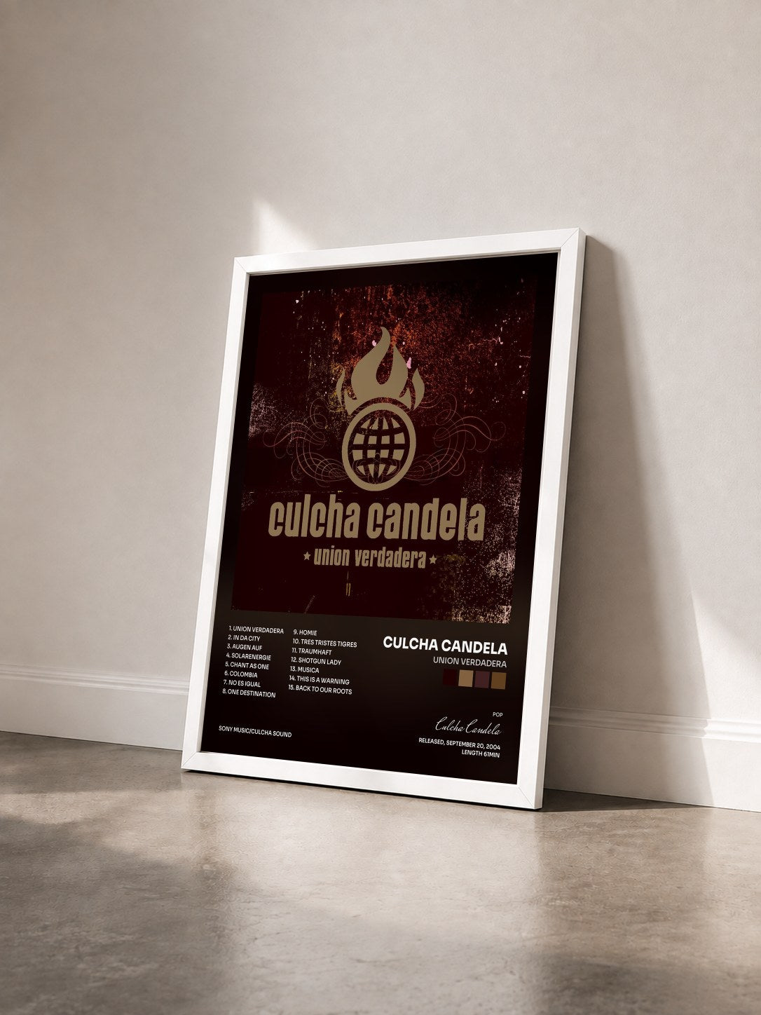 #blanc Tableau de l'album Union Verdadera de Culcha Candela vu de trois quarts, cadre blanc