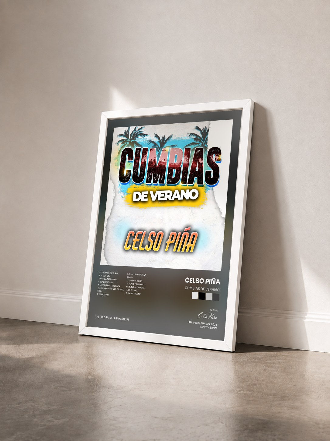 #blanc Tableau de l'album CUMBIAS DE VERANO de Celso Piña vu de trois quarts, cadre blanc