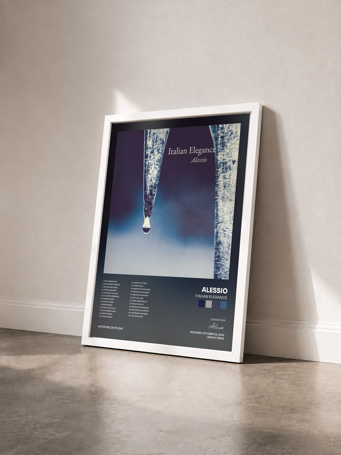 #blanc Tableau de l'album Italian Elegance de Alessio vu de trois quarts, cadre blanc