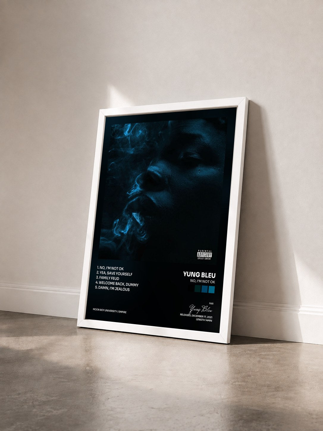 #blanc Tableau de l'album No, I'm Not Ok de Yung Bleu vu de trois quarts, cadre blanc