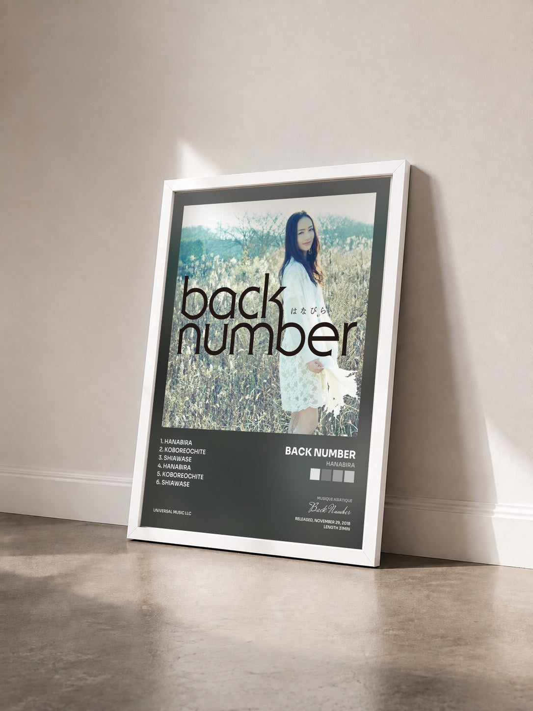 #blanc Tableau de l'album Hanabira de Back Number vu de trois quarts, cadre blanc